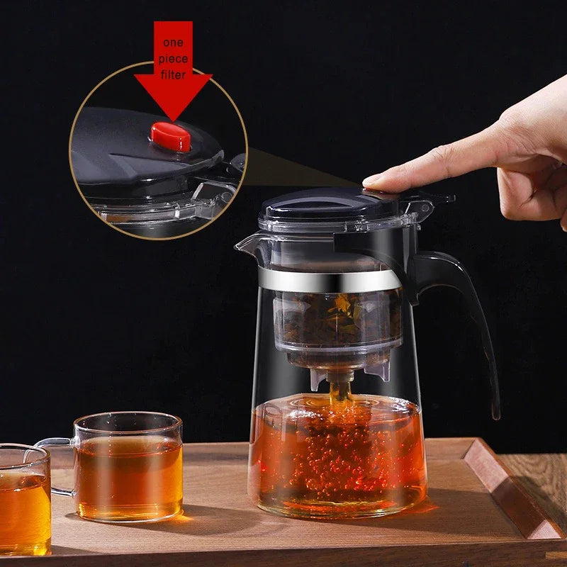 "Heat-Resistant Glass Teapot with One-Click Filter – Tea and Water Separation, Perfect for Tea and Coffee Brewing"