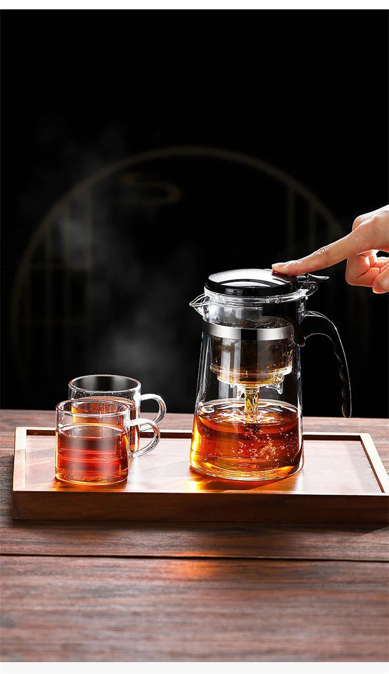 "Heat-Resistant Glass Teapot with One-Click Filter – Tea and Water Separation, Perfect for Tea and Coffee Brewing"