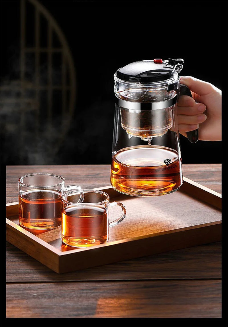 "Heat-Resistant Glass Teapot with One-Click Filter – Tea and Water Separation, Perfect for Tea and Coffee Brewing"