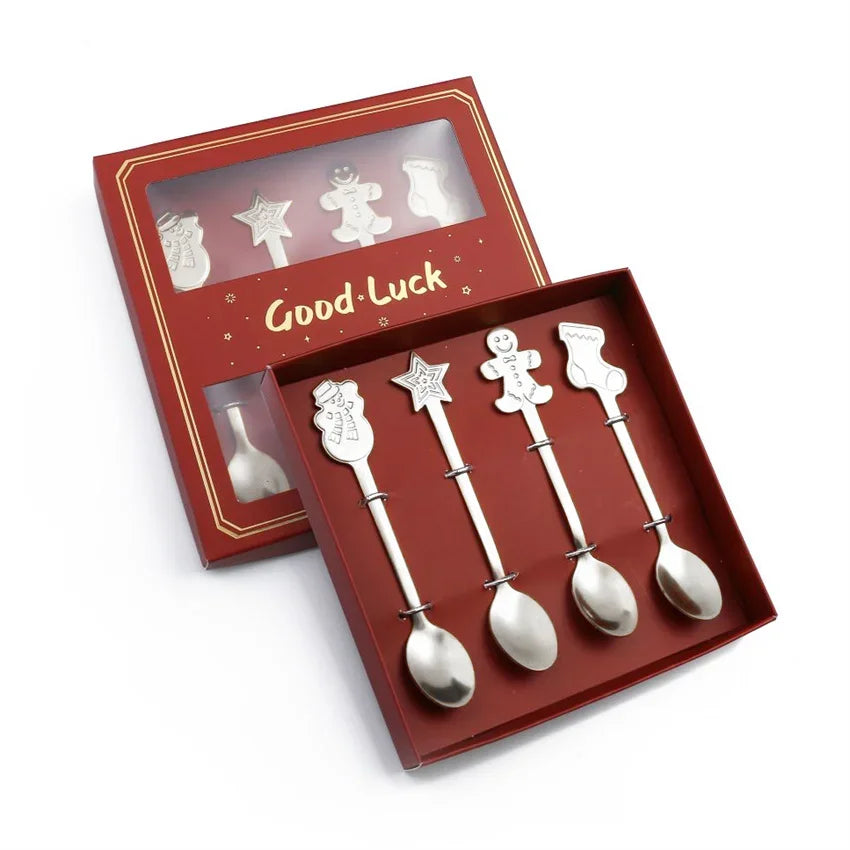 "4Pcs Gold/Silver Christmas Coffee Spoons | Stainless Steel Gingerbread Man Spoons with Gift Box – Holiday Dessert Cutlery"