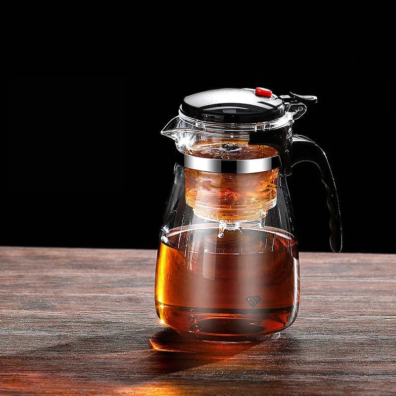 "Heat-Resistant Glass Teapot with One-Click Filter – Tea and Water Separation, Perfect for Tea and Coffee Brewing"