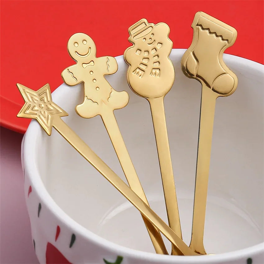 "4Pcs Gold/Silver Christmas Coffee Spoons | Stainless Steel Gingerbread Man Spoons with Gift Box – Holiday Dessert Cutlery"