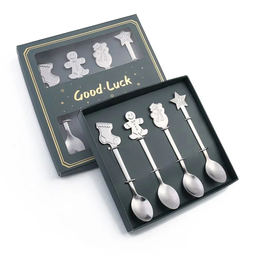 "4Pcs Gold/Silver Christmas Coffee Spoons | Stainless Steel Gingerbread Man Spoons with Gift Box – Holiday Dessert Cutlery"