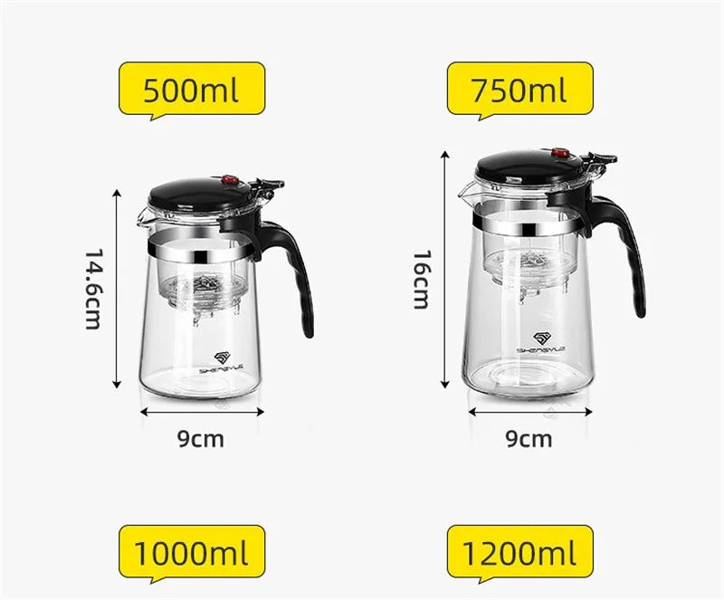 "Heat-Resistant Glass Teapot with One-Click Filter – Tea and Water Separation, Perfect for Tea and Coffee Brewing"