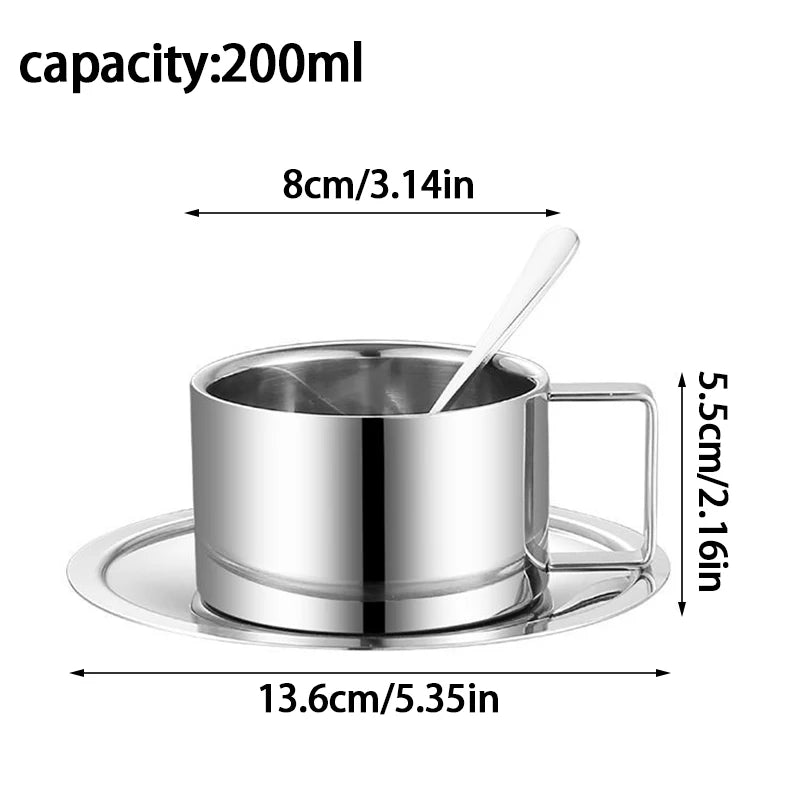 3pcs Set Stainless Steel Coffee Cups with Tray – Double Wall Insulation, Stirring Spoon, Milk Tea & Water Mug Set 1