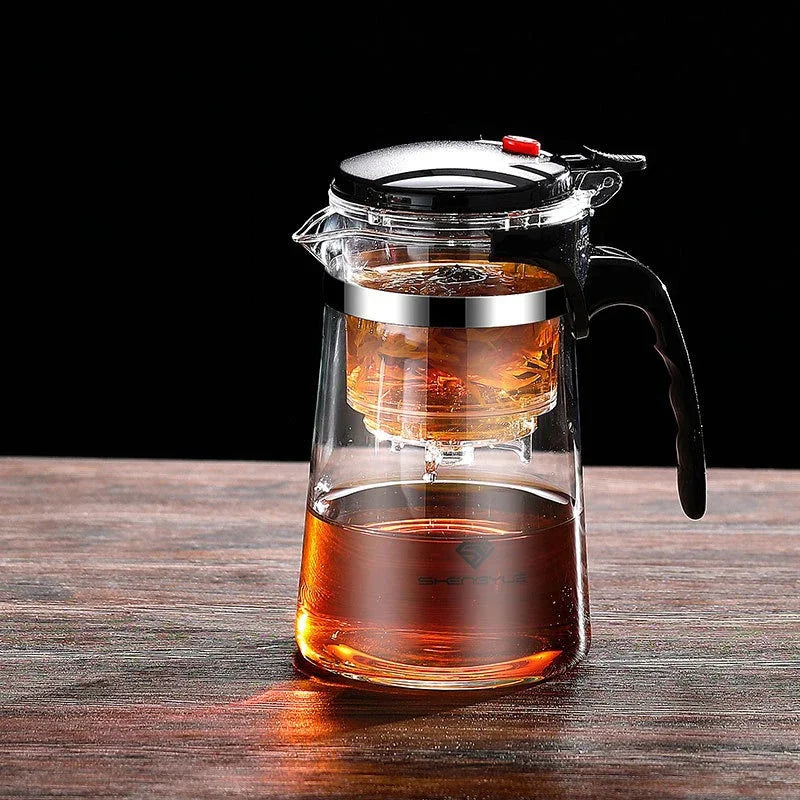 "Heat-Resistant Glass Teapot with One-Click Filter – Tea and Water Separation, Perfect for Tea and Coffee Brewing"