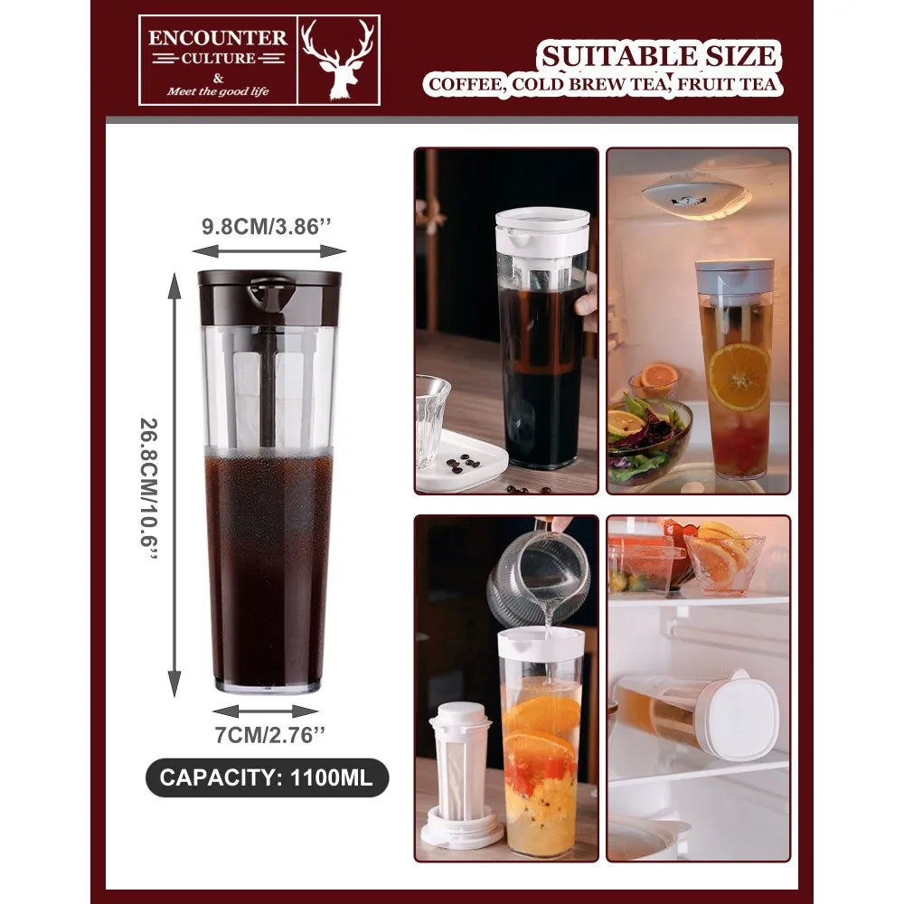 "1.1L Cold Brew Coffee Maker & Summer Beverage Pitcher – Iced Coffee, Lemonade, and Fruit Tea for Refrigerator"