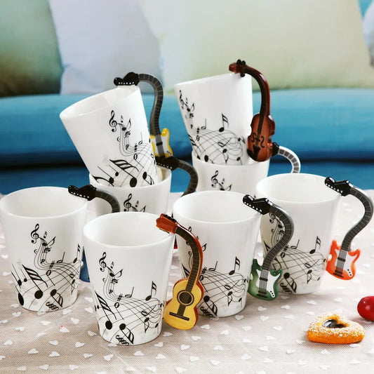 "240ml Creative Music-Themed Ceramic Mug | Guitar and Violin Style with Handle – Perfect Coffee, Tea, and Milk Gift"