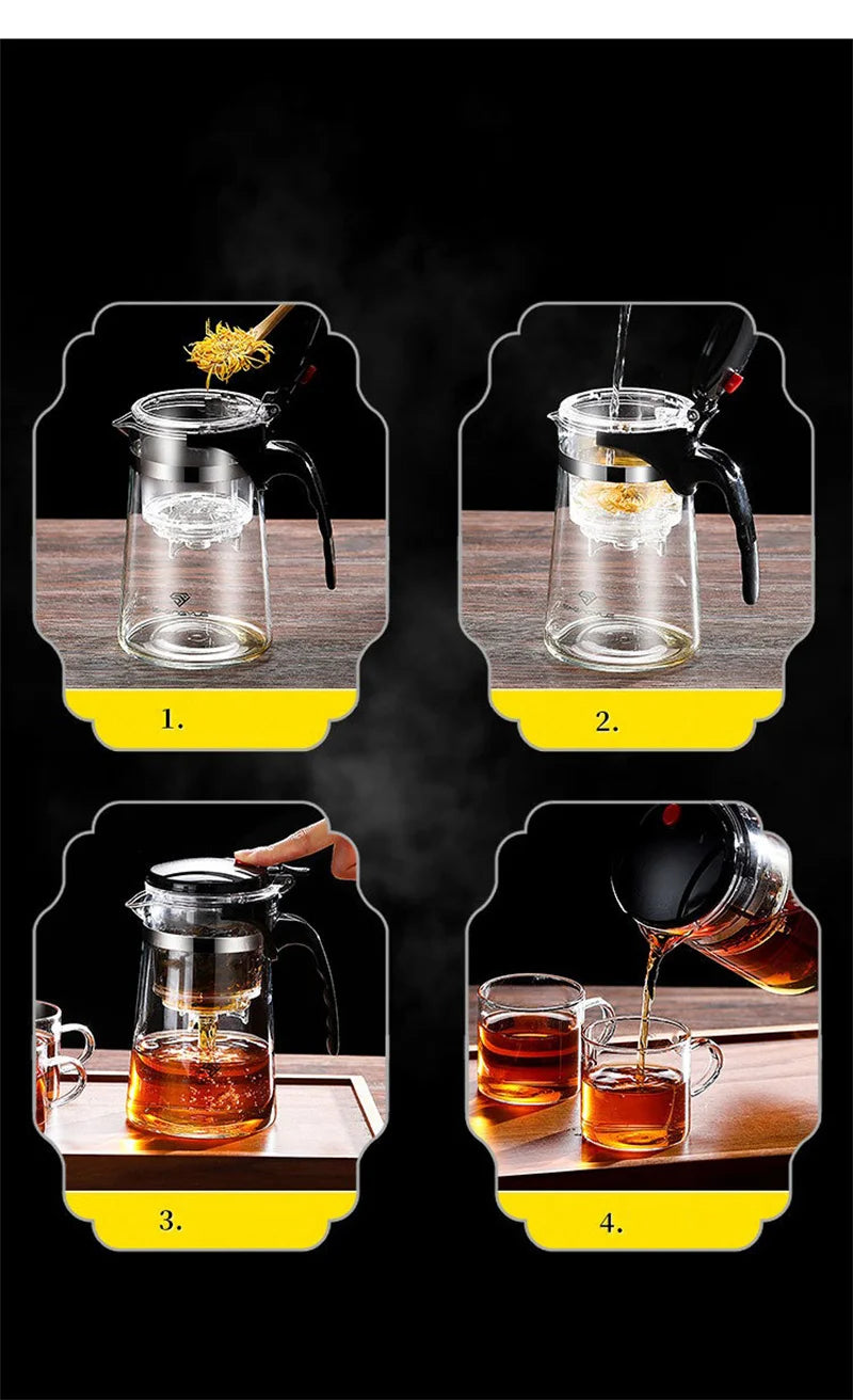 "Heat-Resistant Glass Teapot with One-Click Filter – Tea and Water Separation, Perfect for Tea and Coffee Brewing"