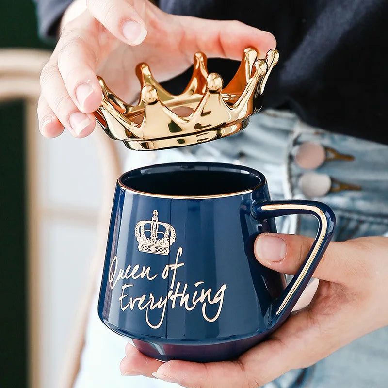 "400ml Crown Ceramic Coffee Cup | Elegant Couple Mug with Lid for Tea, Coffee, Milk – Perfect Birthday Gift"