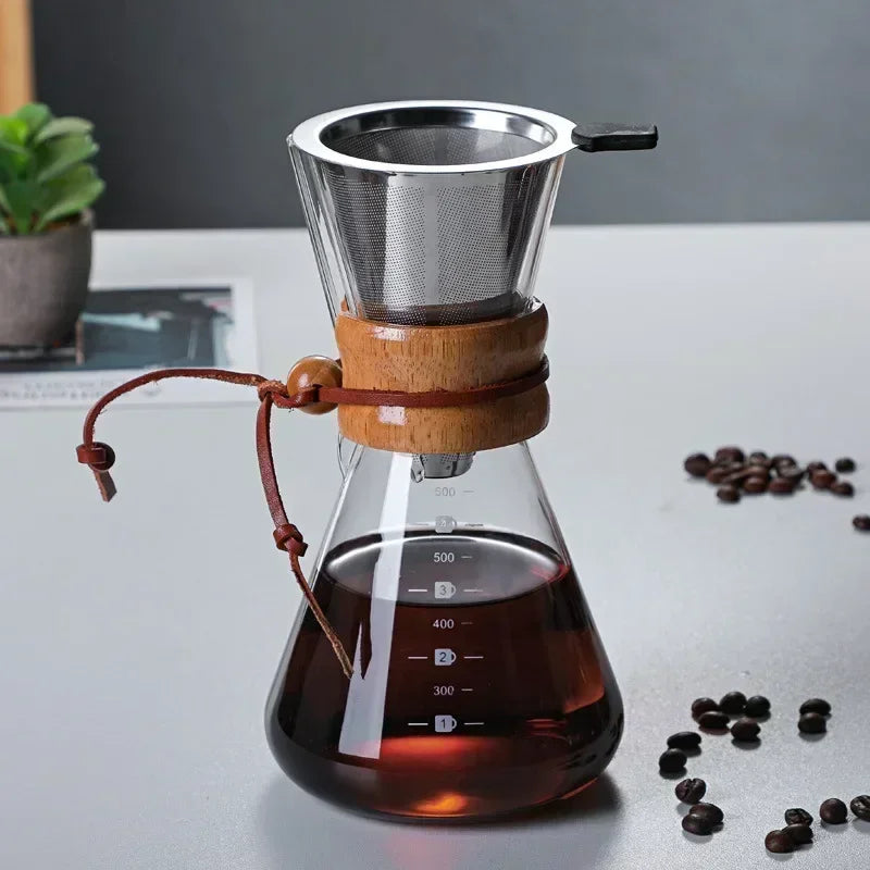 Hand Glass Coffee Kettle with Stainless Steel Filter Drip Brewing Hot Brewer Coffee Pot Dripper Barista Pour Over Coffee Maker