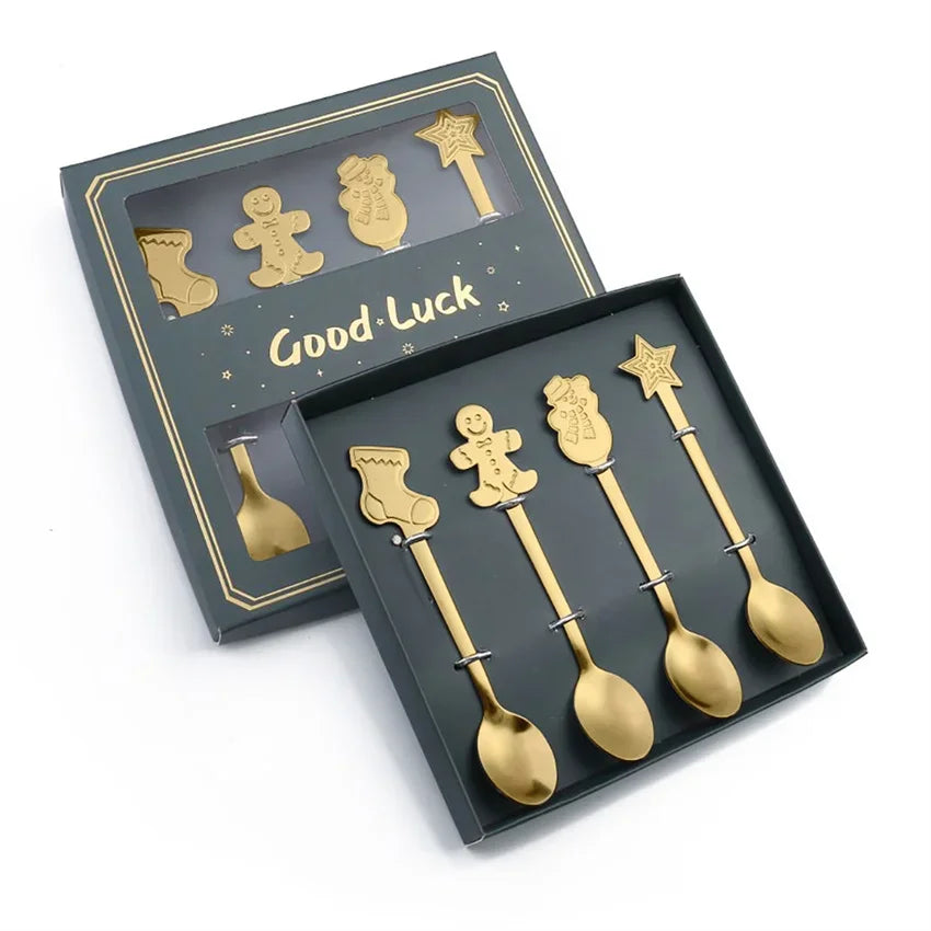 "4Pcs Gold/Silver Christmas Coffee Spoons | Stainless Steel Gingerbread Man Spoons with Gift Box – Holiday Dessert Cutlery"