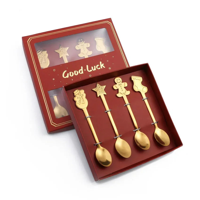 "4Pcs Gold/Silver Christmas Coffee Spoons | Stainless Steel Gingerbread Man Spoons with Gift Box – Holiday Dessert Cutlery"