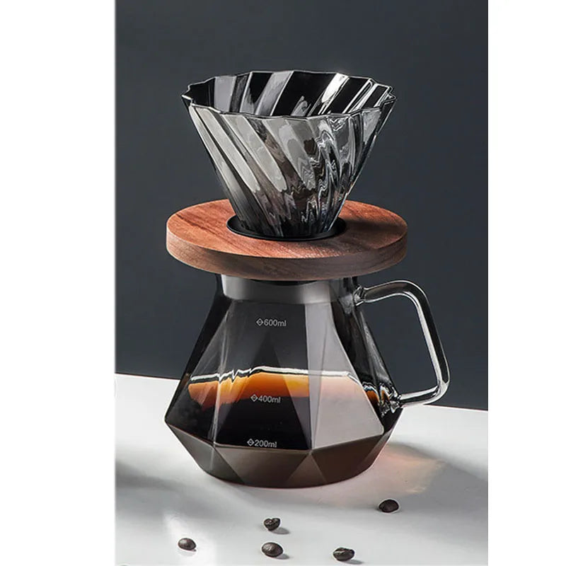 "Clear Diamond-Shaped Glass Coffee Carafe | Coffee Pot with Reusable Filter Cup – Elegant & Functional Design"