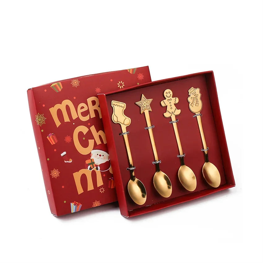 "4Pcs Gold/Silver Christmas Coffee Spoons | Stainless Steel Gingerbread Man Spoons with Gift Box – Holiday Dessert Cutlery"