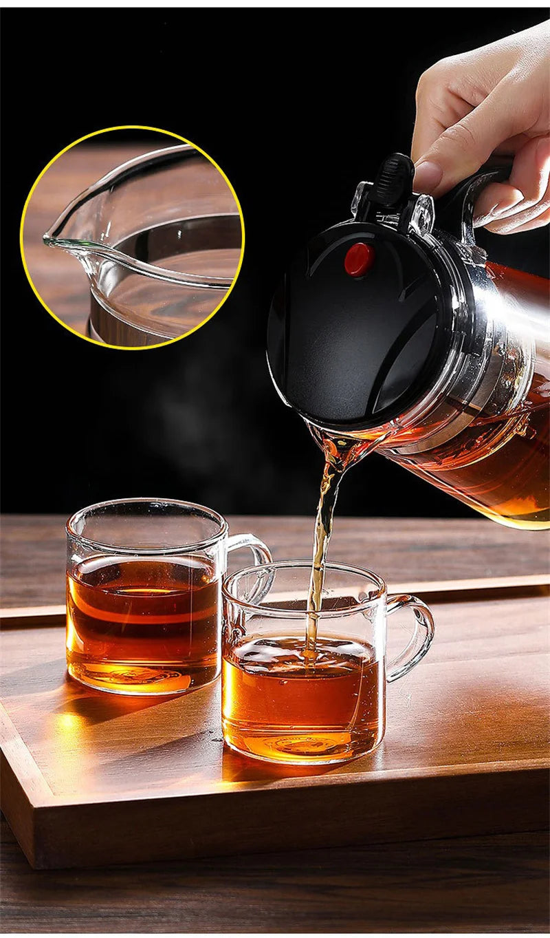 "Heat-Resistant Glass Teapot with One-Click Filter – Tea and Water Separation, Perfect for Tea and Coffee Brewing"