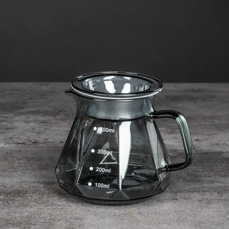 "Clear Diamond-Shaped Glass Coffee Carafe | Coffee Pot with Reusable Filter Cup – Elegant & Functional Design"