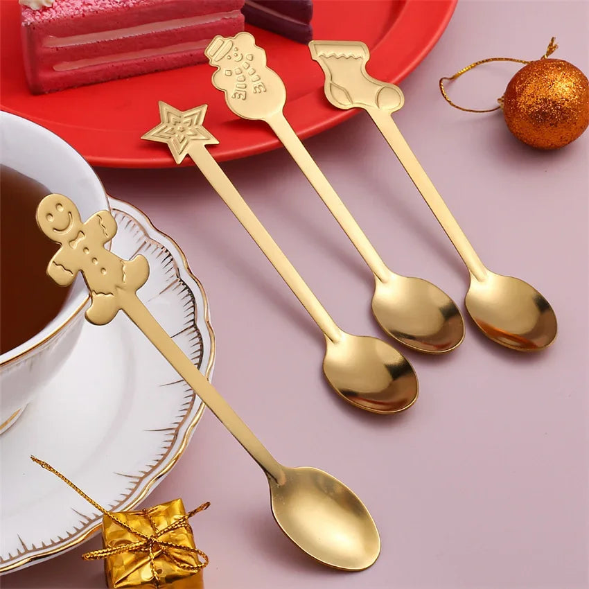 "4Pcs Gold/Silver Christmas Coffee Spoons | Stainless Steel Gingerbread Man Spoons with Gift Box – Holiday Dessert Cutlery"