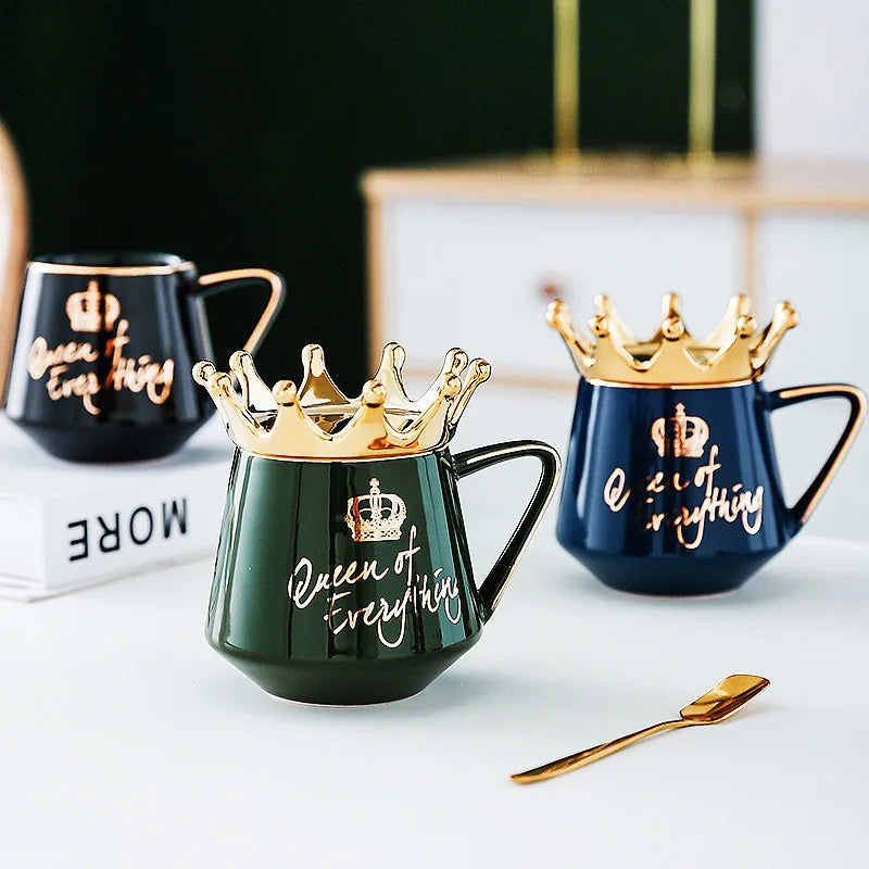 "400ml Crown Ceramic Coffee Cup | Elegant Couple Mug with Lid for Tea, Coffee, Milk – Perfect Birthday Gift"