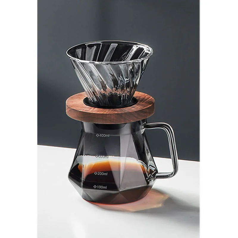 "Clear Diamond-Shaped Glass Coffee Carafe | Coffee Pot with Reusable Filter Cup – Elegant & Functional Design"