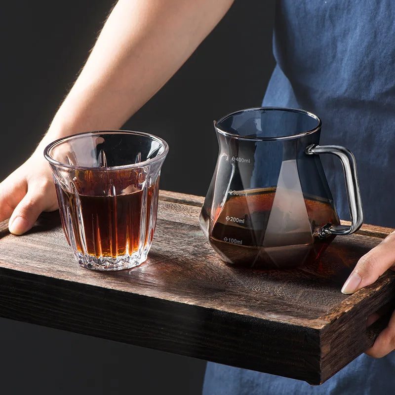 "Clear Diamond-Shaped Glass Coffee Carafe | Coffee Pot with Reusable Filter Cup – Elegant & Functional Design"