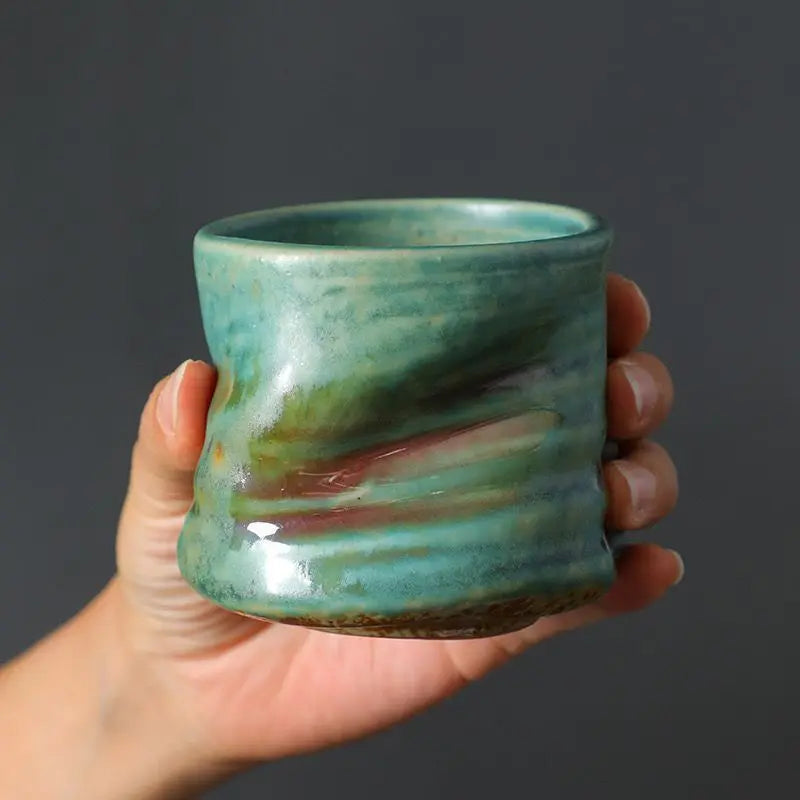 "Handmade Vintage Crinkle Flower Espresso Cup | Unique Ceramic Coffee Mug with Artistic Design"