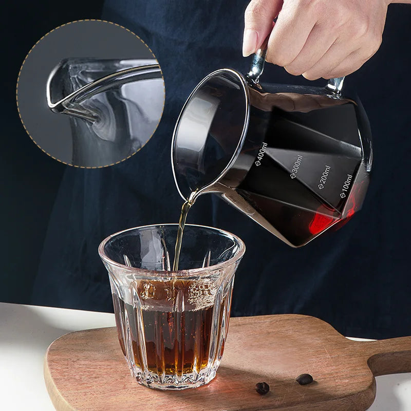 "Clear Diamond-Shaped Glass Coffee Carafe | Coffee Pot with Reusable Filter Cup – Elegant & Functional Design"