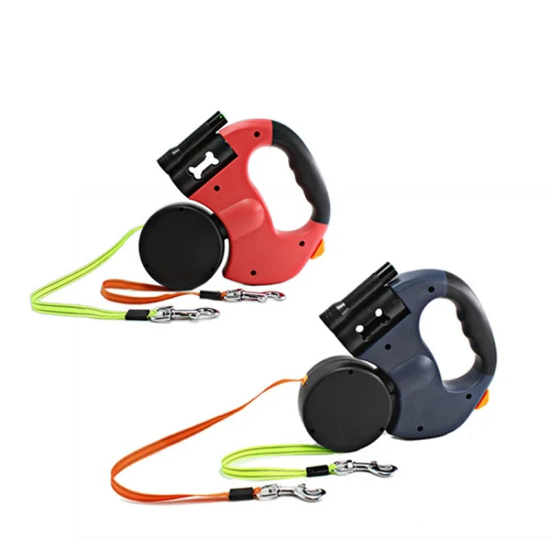 "LED Retractable Dog Leash with Dual-Head Design & Waste Bag Holder – Pet Accessories"