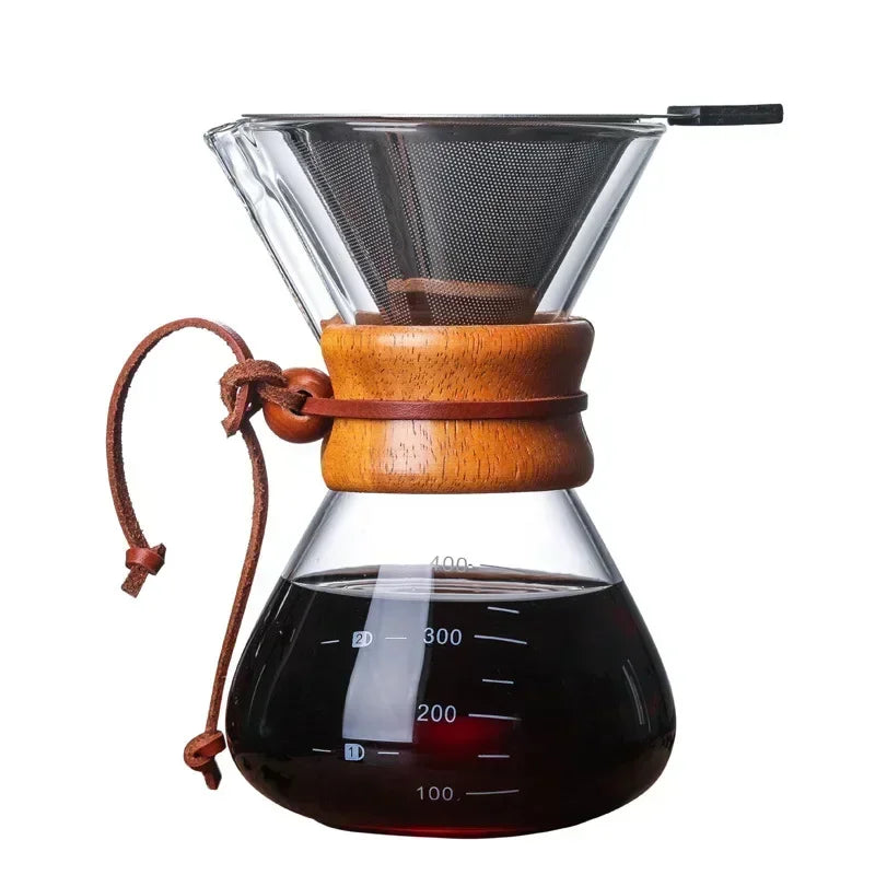 Hand Glass Coffee Kettle with Stainless Steel Filter Drip Brewing Hot Brewer Coffee Pot Dripper Barista Pour Over Coffee Maker