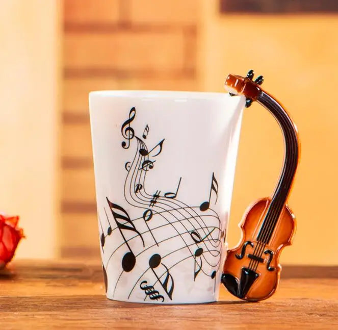 "240ml Creative Music-Themed Ceramic Mug | Guitar and Violin Style with Handle – Perfect Coffee, Tea, and Milk Gift"