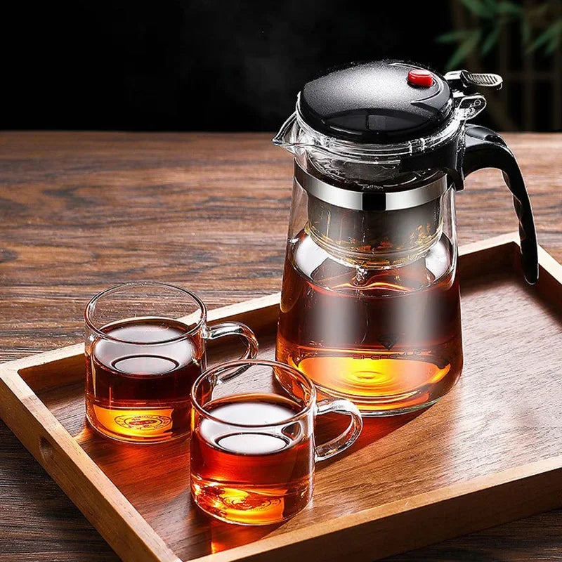 "Heat-Resistant Glass Teapot with One-Click Filter – Tea and Water Separation, Perfect for Tea and Coffee Brewing"