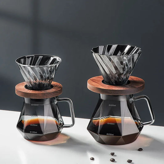 "Clear Diamond-Shaped Glass Coffee Carafe | Coffee Pot with Reusable Filter Cup – Elegant & Functional Design"