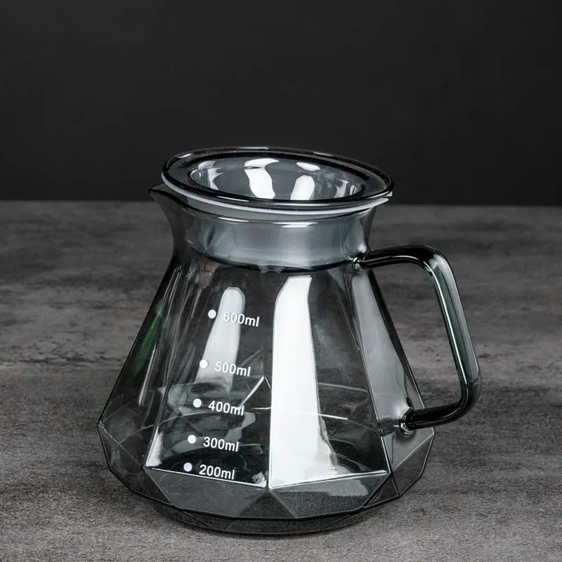 "Clear Diamond-Shaped Glass Coffee Carafe | Coffee Pot with Reusable Filter Cup – Elegant & Functional Design"