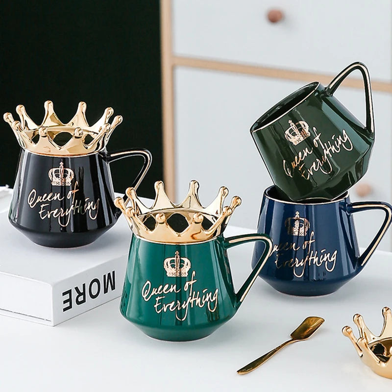 "400ml Crown Ceramic Coffee Cup | Elegant Couple Mug with Lid for Tea, Coffee, Milk – Perfect Birthday Gift"