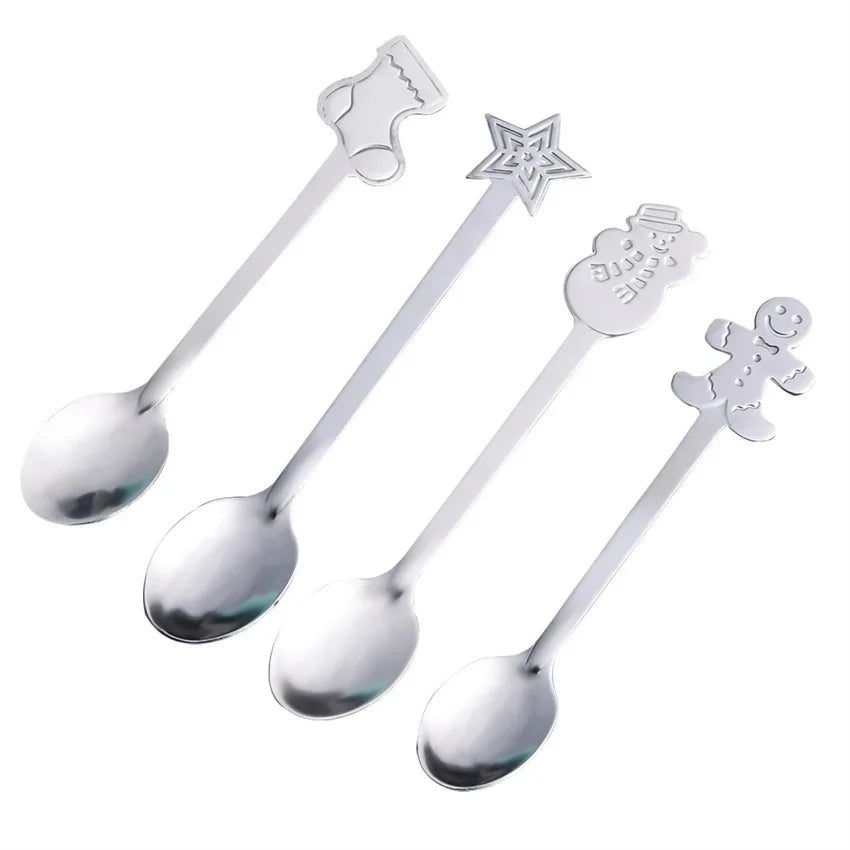 "4Pcs Gold/Silver Christmas Coffee Spoons | Stainless Steel Gingerbread Man Spoons with Gift Box – Holiday Dessert Cutlery"