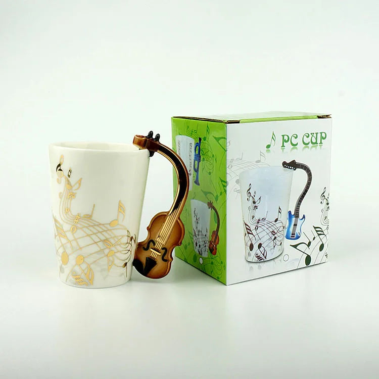 "240ml Creative Music-Themed Ceramic Mug | Guitar and Violin Style with Handle – Perfect Coffee, Tea, and Milk Gift"