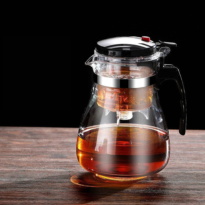 "Heat-Resistant Glass Teapot with One-Click Filter – Tea and Water Separation, Perfect for Tea and Coffee Brewing"