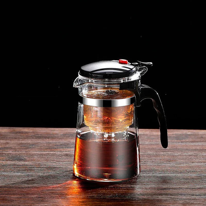 "Heat-Resistant Glass Teapot with One-Click Filter – Tea and Water Separation, Perfect for Tea and Coffee Brewing"