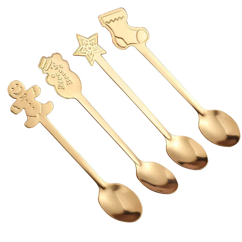 "4Pcs Gold/Silver Christmas Coffee Spoons | Stainless Steel Gingerbread Man Spoons with Gift Box – Holiday Dessert Cutlery"