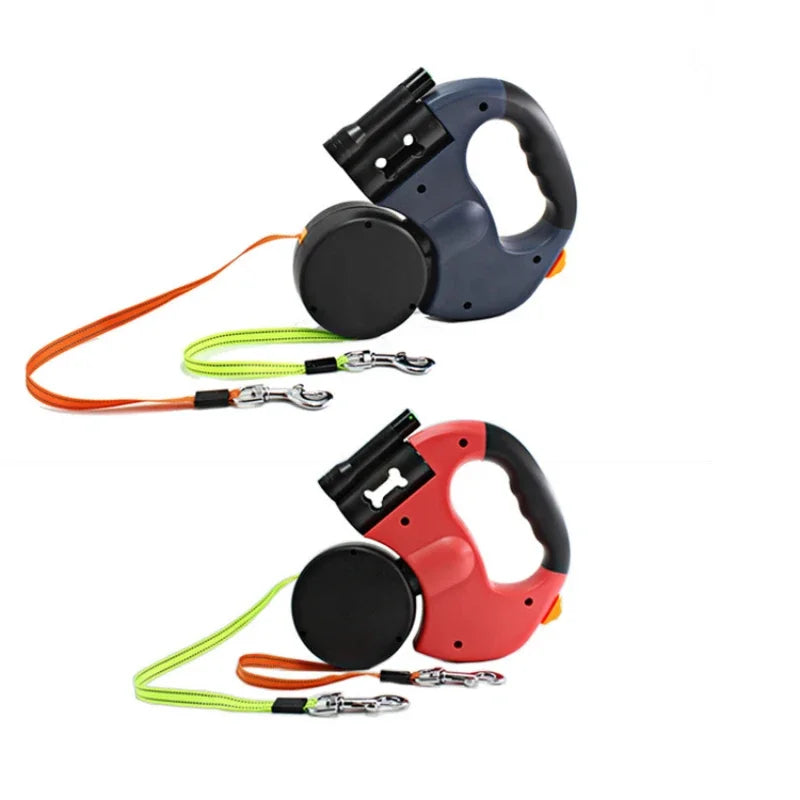 "LED Retractable Dog Leash with Dual-Head Design & Waste Bag Holder – Pet Accessories"