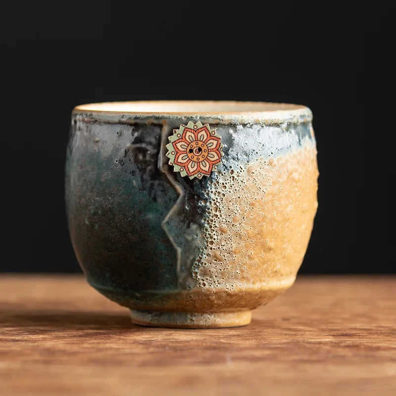 "Handmade Vintage Crinkle Flower Espresso Cup | Unique Ceramic Coffee Mug with Artistic Design"