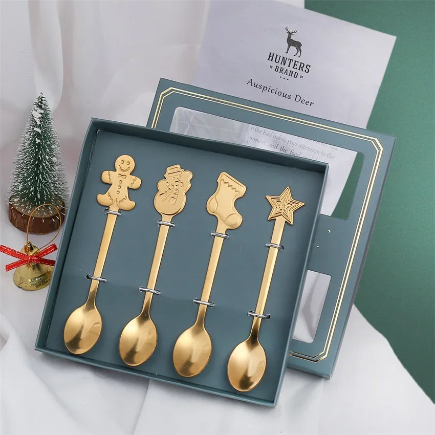 "4Pcs Gold/Silver Christmas Coffee Spoons | Stainless Steel Gingerbread Man Spoons with Gift Box – Holiday Dessert Cutlery"