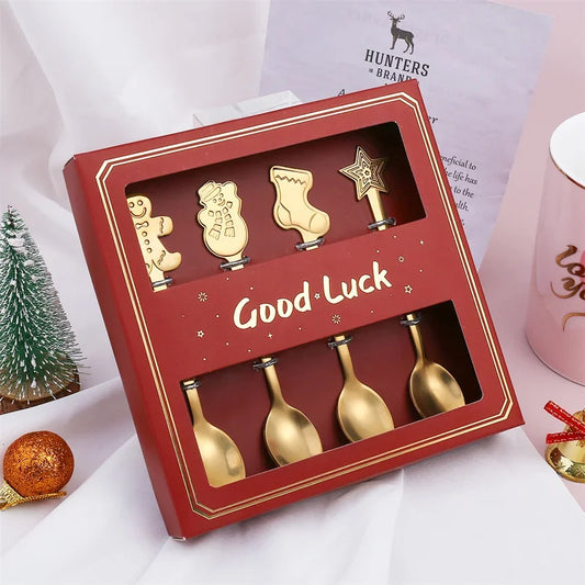 "4Pcs Gold/Silver Christmas Coffee Spoons | Stainless Steel Gingerbread Man Spoons with Gift Box – Holiday Dessert Cutlery"