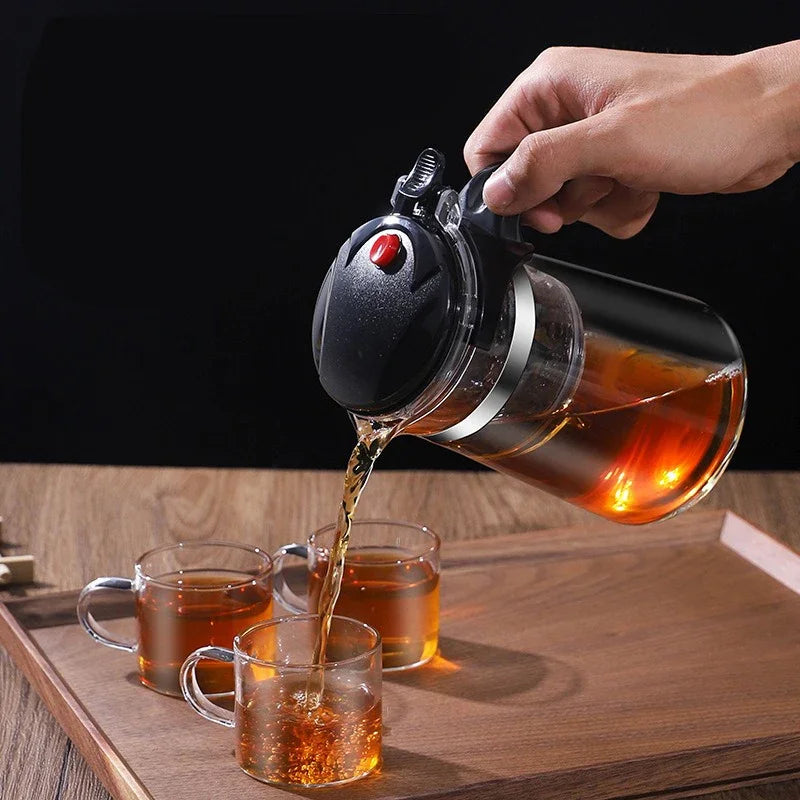 "Heat-Resistant Glass Teapot with One-Click Filter – Tea and Water Separation, Perfect for Tea and Coffee Brewing"