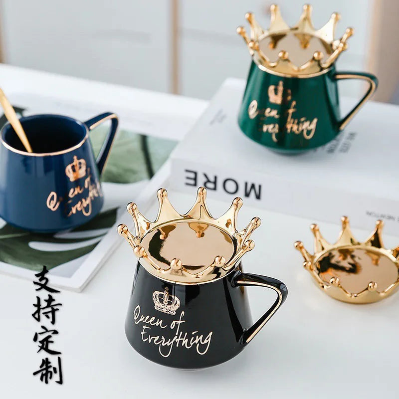 "400ml Crown Ceramic Coffee Cup | Elegant Couple Mug with Lid for Tea, Coffee, Milk – Perfect Birthday Gift"