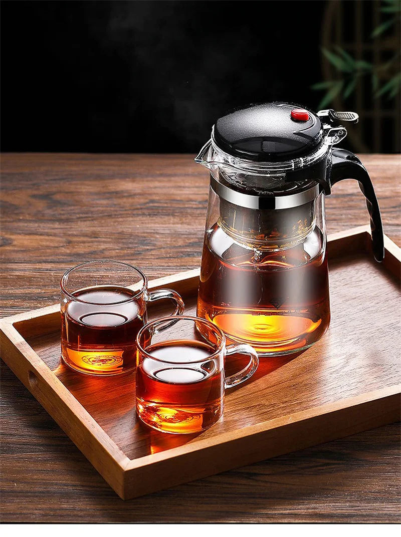 "Heat-Resistant Glass Teapot with One-Click Filter – Tea and Water Separation, Perfect for Tea and Coffee Brewing"