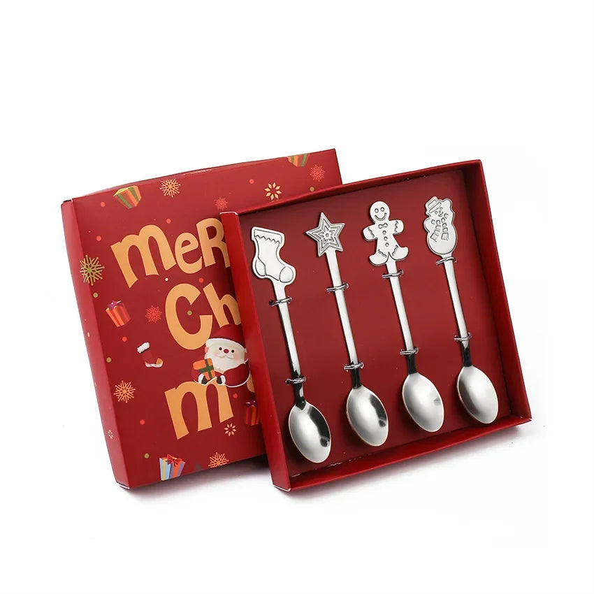 "4Pcs Gold/Silver Christmas Coffee Spoons | Stainless Steel Gingerbread Man Spoons with Gift Box – Holiday Dessert Cutlery"