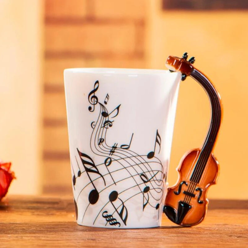 "240ml Creative Music-Themed Ceramic Mug | Guitar and Violin Style with Handle – Perfect Coffee, Tea, and Milk Gift"